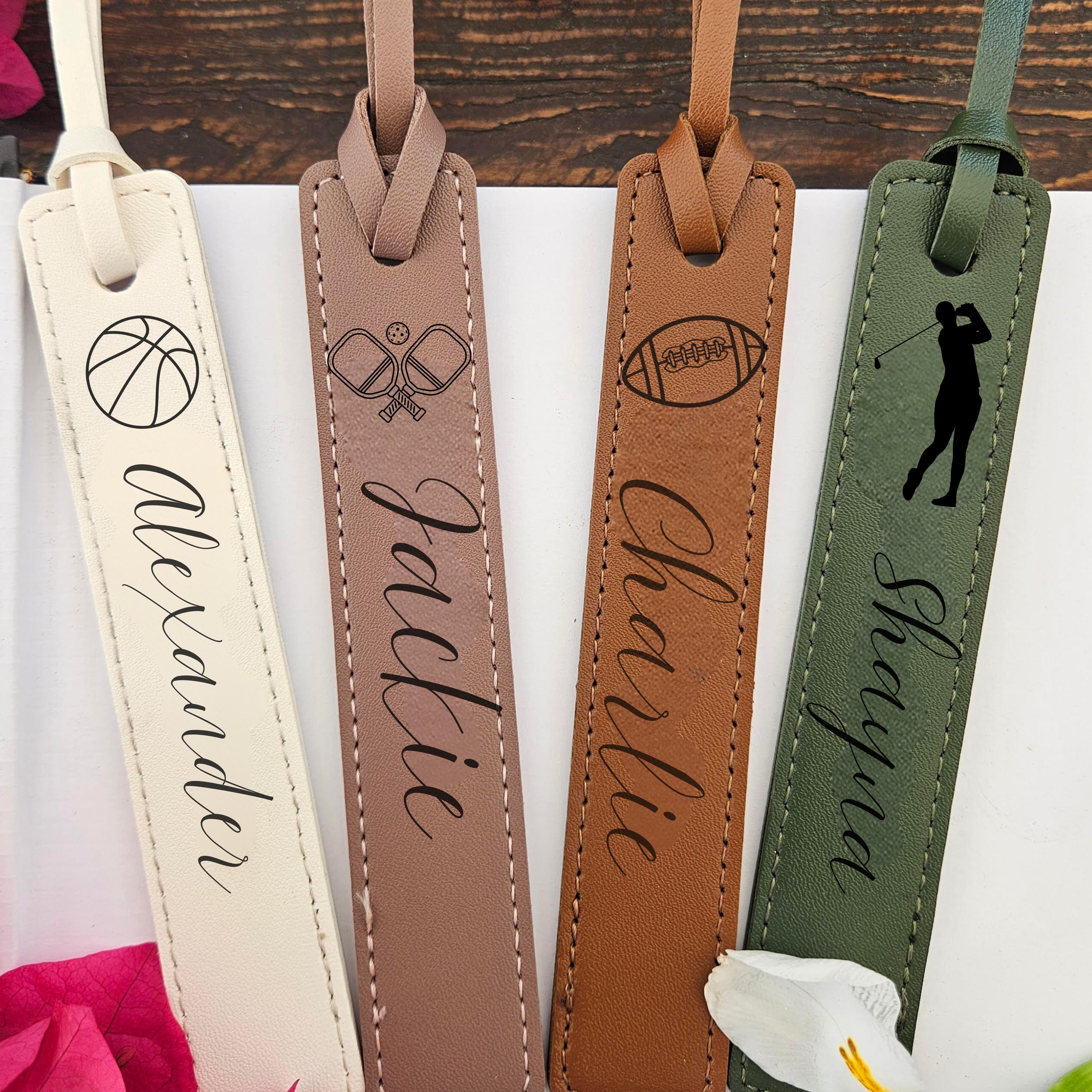 Personalized Leather Bookmark, Laser Engraved Sports Design, Custom Name