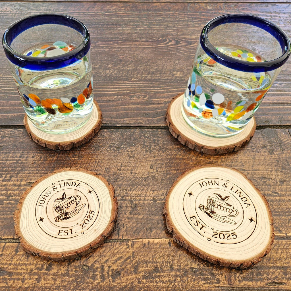 Personalized Wood Slice Coasters – Engraved Rustic Wedding Favors