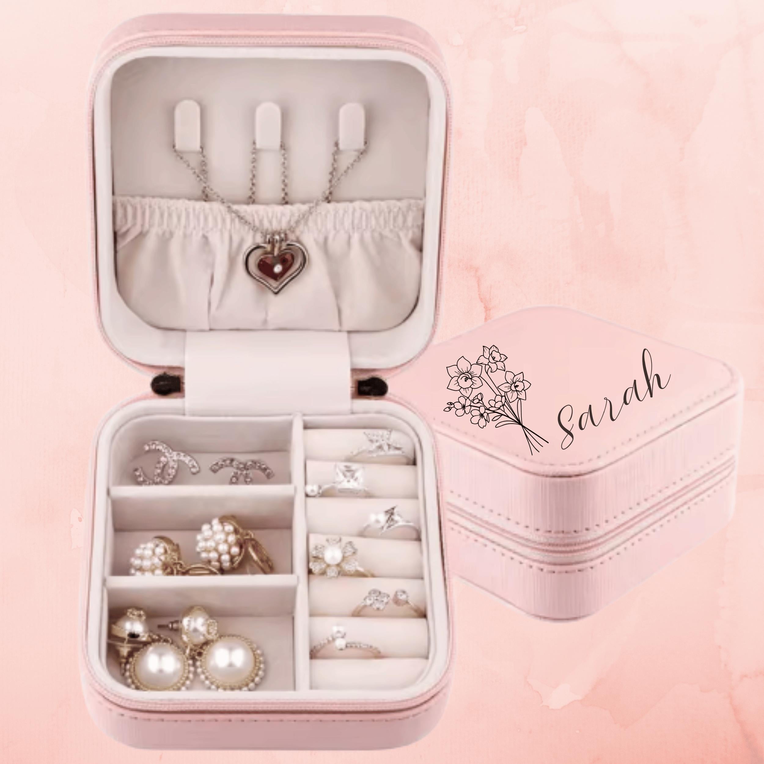 Personalized Travel Jewelry Box With Birth Flower Engraved