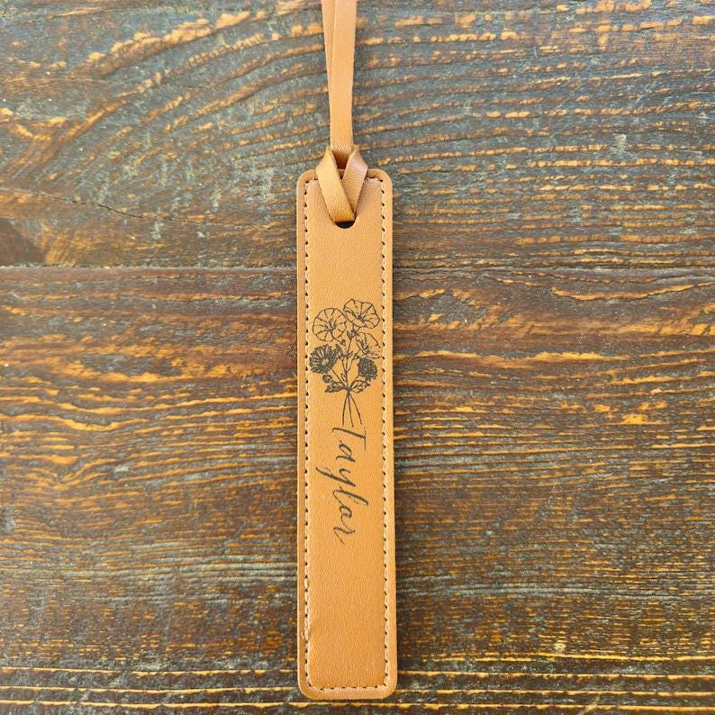 Personalized Leather Bookmark – Laser Engraved Birth Month Flower