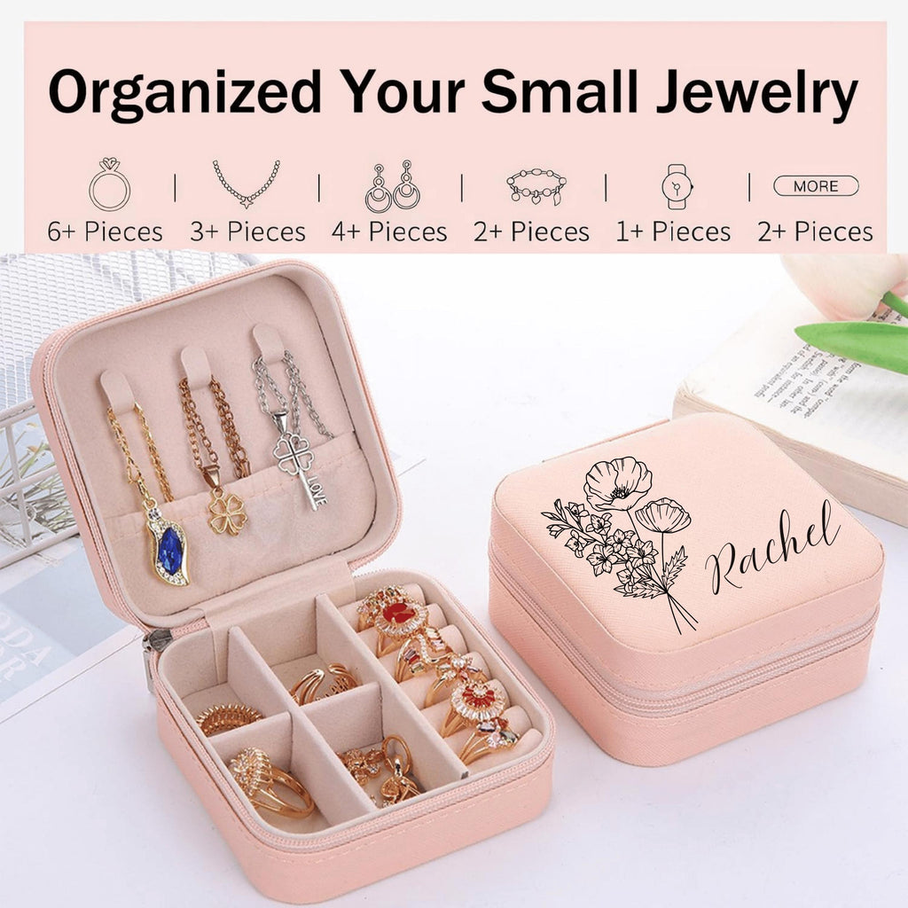 Personalized Travel Jewelry Box With Birth Flower Engraved