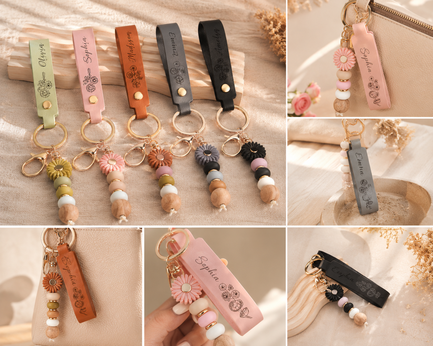 Custom Name Daisy Keychain, Beaded Flower Charm Pendant, Personalized Boho Bag Charm, Gift for Women, Cute Everyday Accessory