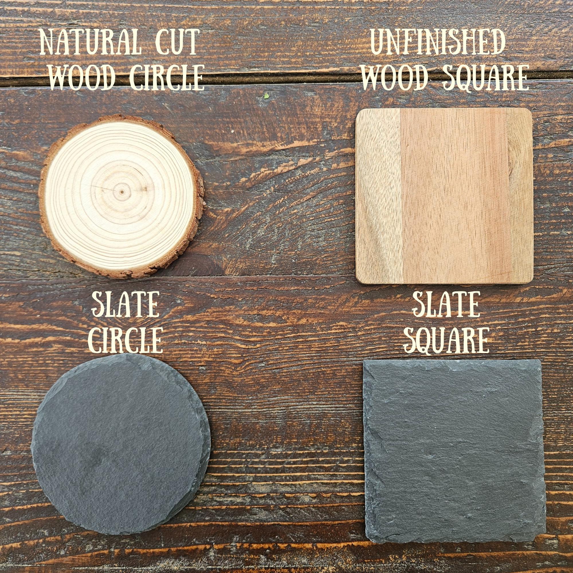 Custom Engraved Wood Slice Coasters, Rustic Wedding Favors, Home Decor, Natural Bark Circle