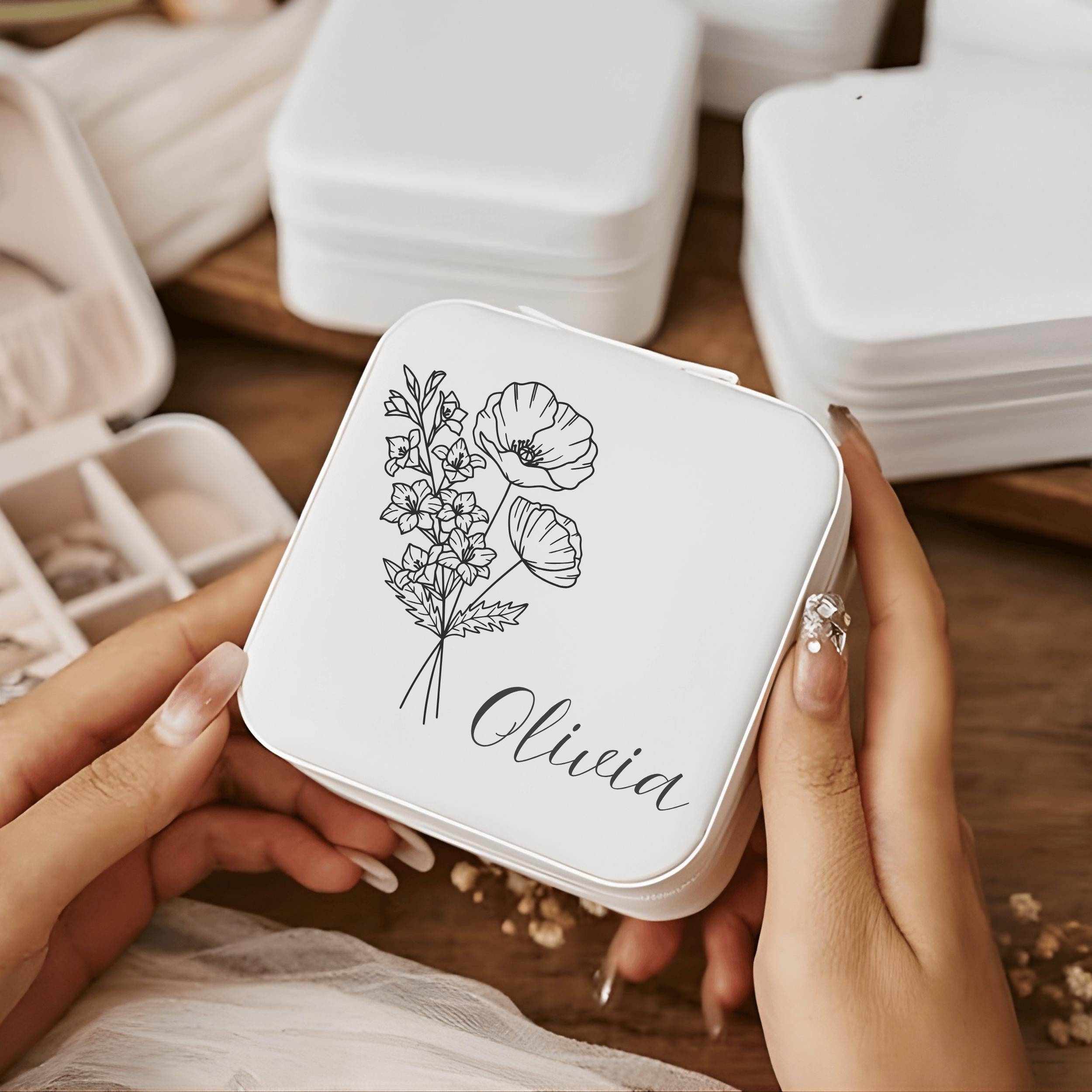 Personalized Travel Jewelry Box With Birth Flower Engraved