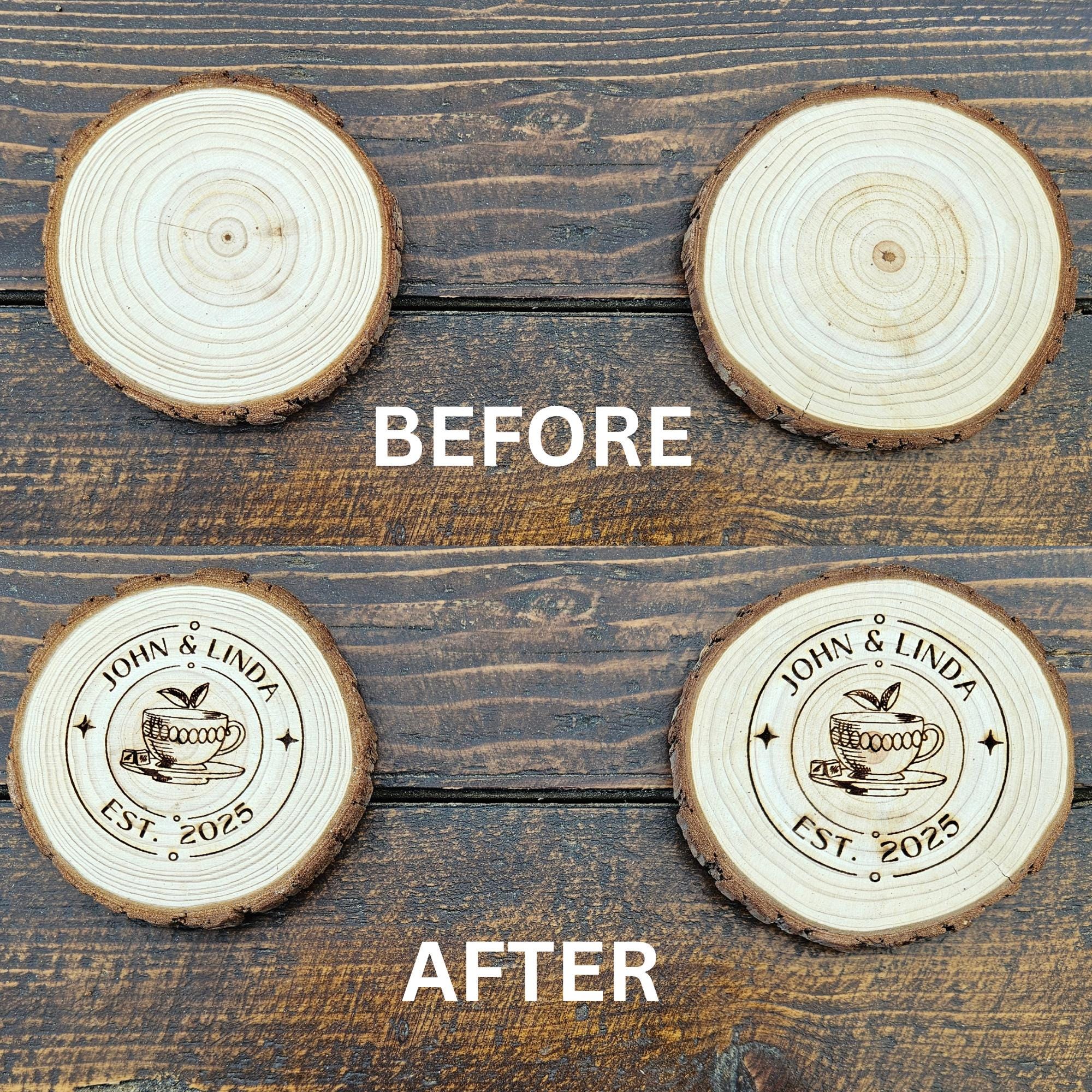 Personalized Wood Slice Coasters – Engraved Rustic Wedding Favors