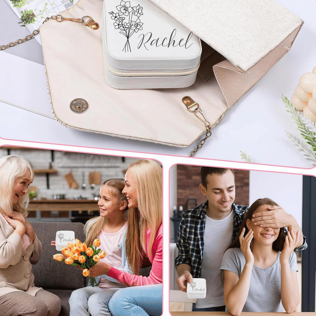 Personalized Travel Jewelry Box With Birth Flower Engraved
