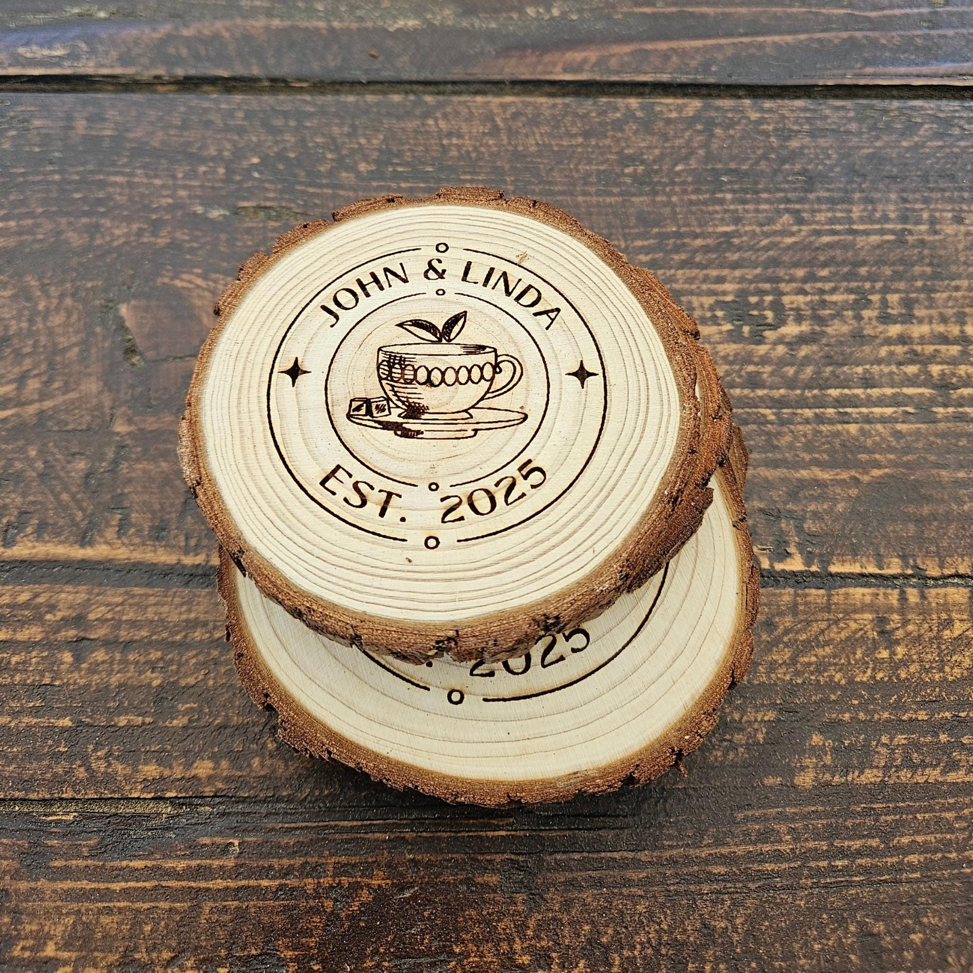 Personalized Wood Slice Coasters – Engraved Rustic Wedding Favors