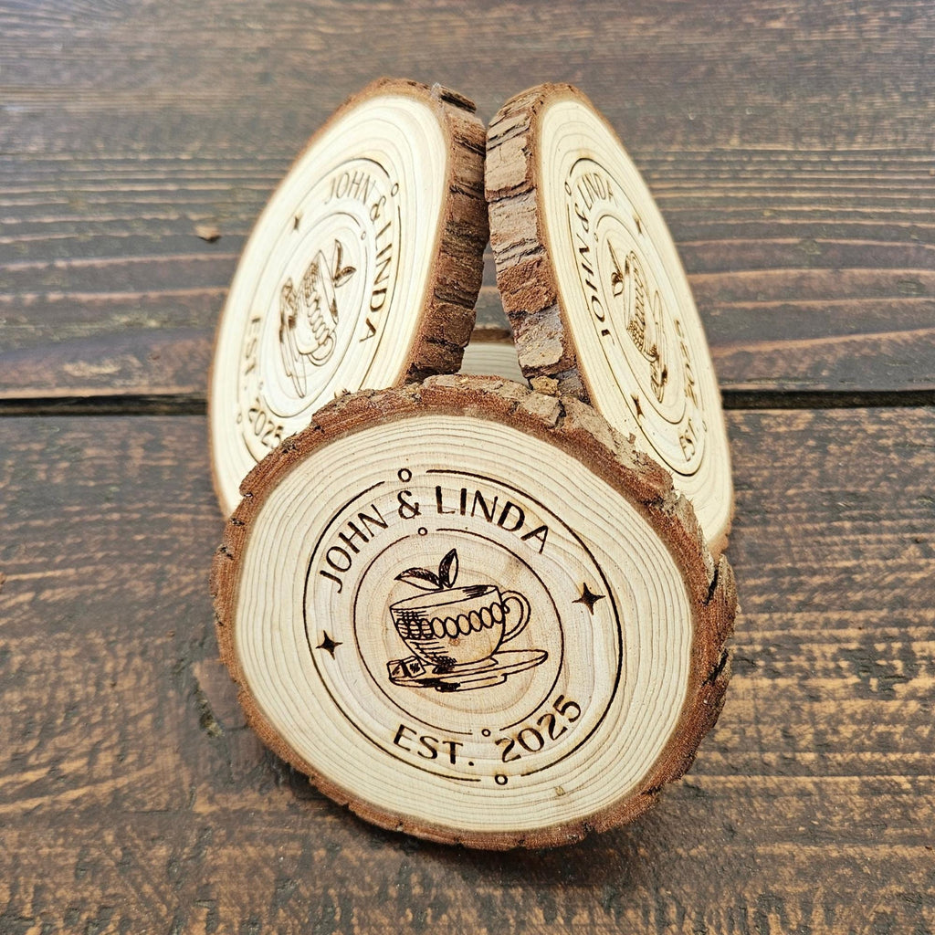 Personalized Wood Slice Coasters – Engraved Rustic Wedding Favors