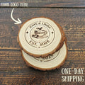 Custom Engraved Wood Slice Coasters, Rustic Wedding Favors, Home Decor, Natural Bark Circle