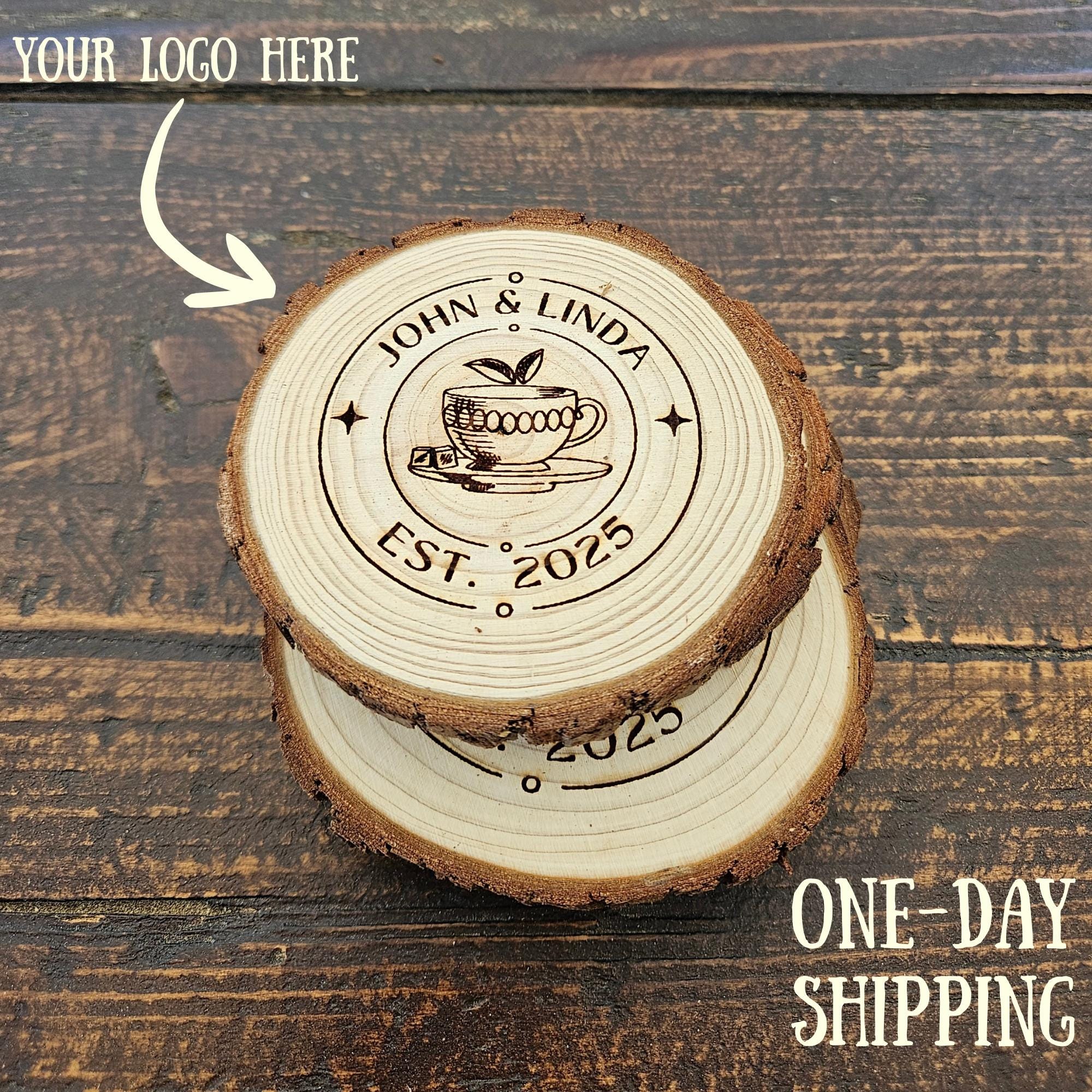 Custom Engraved Wood Slice Coasters, Rustic Wedding Favors, Home Decor, Natural Bark Circle