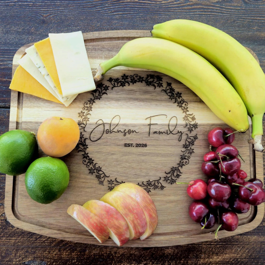 Custom Acacia Wood Cutting Board, Personalized Monogram Engraved, Wedding Anniversary Gift